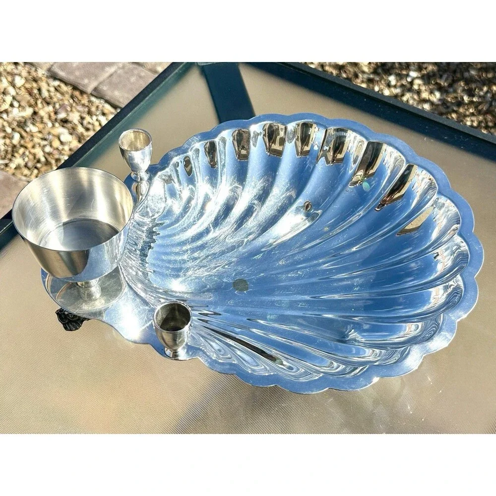 Vtg Silverplate Scallop Shell Shrimp Cocktail Server Dish 3 Cup Dolphin Handle